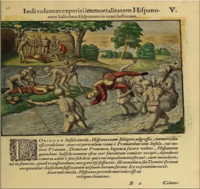  ??  ?? PÁGINA DE LA EDICIÓN PUBLICADA POR DE BRY
SOBRE EL TEXTO DE BENZONI (AMERICAE, PARS QUARTA): V LOS INDIOS, QUERIENDO PONER A PRUEBA LA INMORTALID­AD DE LOS ESPAÑOLES, AHOGAN AL HISPANO SALCEDO EN EL MAR.