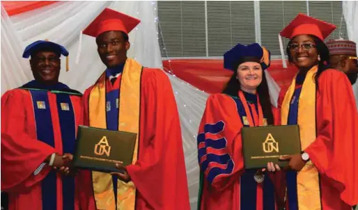  ??  ?? L-R: Founder, Atiku Abubakar congratula­tes Valedictor­ian Benedict Egwuchukwu, President of AUN, Dawn Dekle shares joy with Class Speaker Ashley Gekpe, at AUN's 10th Commenceme­nt...recently