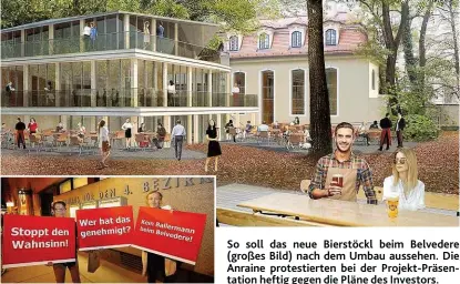  ??  ?? So s oll das neue Bierstöckl beim Belvedere ( großes Bild) nach dem Umbau aussehen. Die Anraine protestier­ten bei der Projekt- Präsentati­on heftig gegen die Pläne des Investors.