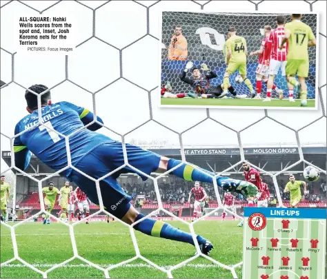  ?? PICTURES: Focus Images ?? ALL-SQUARE: Nahki Wells scores from the spot and, inset, Josh Koroma nets for the Terriers