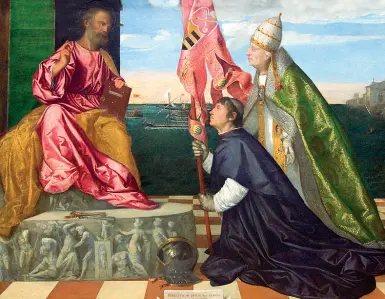  ??  ?? Capolavoro Tiziano «Jacopo Pesaro presentato a San Pietro da papa Alessandro VI» (1503)