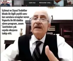  ??  ?? İçtimai ve Siyasi Tesbitler kitabı ile ilgili çeşitli sorulan sorulara cevaplar veren Vapurlu ile 80 dakika süren program, zoom üzerinden çok sayıda okuyucu takip etti.