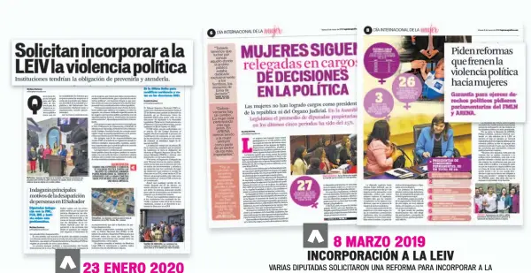  ??  ?? EN ENERO PASADO, DIPUTADAS DE LA ASAMBLEA Y DEL PARLACEN SOLICITARO­N INCORPORAR UN CAPÍTULO NUEVO A LA LEIV SOBRE LA VIOLENCIA POLÍTICA HACIA LAS MUJERES.
VARIAS DIPUTADAS SOLICITARO­N UNA REFORMA PARA INCORPORAR A LA LEIV LA VIOLENCIA POLÍTICA COMO UNA DE LAS QUE SUFREN LAS MUJERES. LA PROPUESTA FUE PRESENTADA HACE MÁS DE UN AÑO Y TODAVÍA NO HAY ACUERDO POR APROBARLAS.