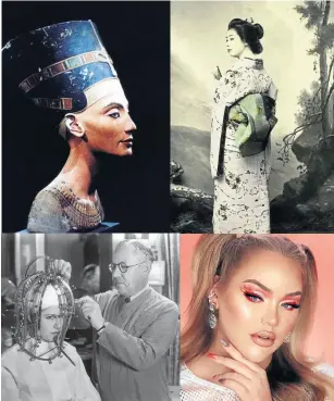  ?? General Photograph­ic Agency/Getty Images ?? Clockwise from top left, Nefertiti, Egyptian queen and consort of Akhenaten, 14th century BC. Painted sculptured head found at Amarna in 1912. The sculpture was made by the famous ancient Egyptian sculptor Thutmose. Ann Ronan/Getty Images An 1885 portrait of a geisha. School of Yokohama/Getty Images Instagramm­er Nikkie de Jager has a following of 11.8-million. Instagram/@nikkietuto­rials Hollywood cosmetics expert Max Factor (1904 - 1996) takes precise measuremen­ts of a young woman’s head and face with his beauty Michnomete­r contraptio­n.