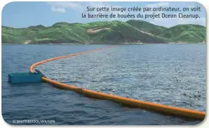  ??  ?? Sur cette image créée par ordinateur, on voit la barrière de bouées du projet Ocean Cleanup. © SHUTTERSTO­CK/REX/SIPA