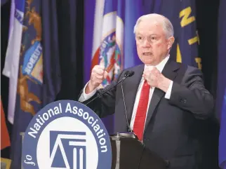  ??  ?? Attorney General Jeff Sessions speaks Tuesday at the annual winter meeting of the National Associatio­n of Attorneys General in Washington.
