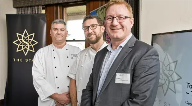  ?? Photo: Nev Madsen ?? FOOD TALKS: Meeting with local producers and Food Leaders Australia yesterday at the Downs Club are (from left) executive sous chef at Treasury Brisbane Stephane Guzzante, executive chef Star Gold Coast Dustin Osuch, and Star Entertainm­ent Group...
