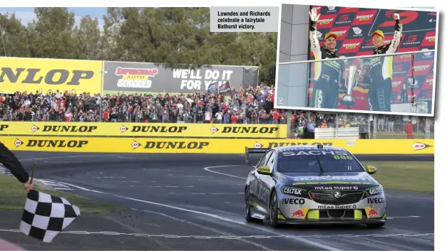  ?? Images: Clay Cross, Paul Cross, Ray Berghouse, Bill Forsyth ?? Lowndes and Richards celebrate a fairytale Bathurst victory.