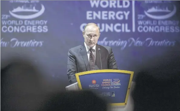  ?? OZAN KOSE/AFP/GETTY IMAGES ?? Russian President Vladimir Putin gives a speech during the 23rd World Energy Congress on Monday in Istanbul.