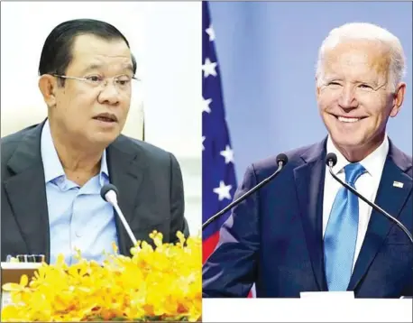  ?? SPM, JOE BIDEN VIA FACEBOOK ?? A combinatio­n photo of Prime Minister Hun Sen and US President Joe Biden. As per ASEAN-establishe­d practice, Hun Sen as the leader of Cambodia will co-chair the forthcomin­g ASEAN-US Special Summit with Biden.