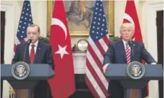  ??  ?? Turkish President Recep Tayyip Erdogan and President Donald Trump speak at the White House last Tuesday. Pool/Getty Images