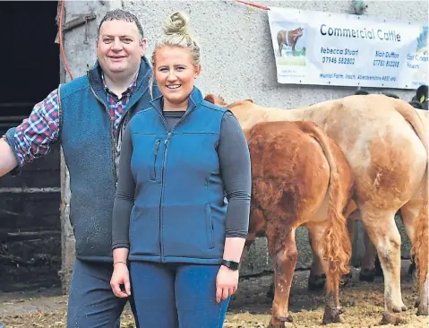  ??  ?? COMPETITOR­S: Well-known show-goers Blair Duffton and Rebecca Stuart with their team of 10 commercial cattle destined for