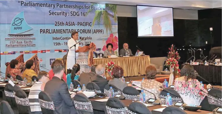 ??  ?? Minister for Women, Children and Poverty Alleviatio­n, Mereseini Vuniwaqa, delivers the keynote address during the 25th Asia-Pacific Parliament­ary Forum, Women Parliament­arians meeting at the InterConti­nental Fiji Golf Resort and Spa, Natadola.
