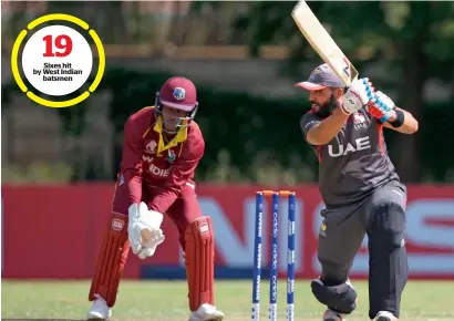  ?? Supplied photo ?? Sixes hit by West Indian batsmen Rameez Shahzad’s second ODI century went in vain as the UAE went down to the rampaging West Indies. —