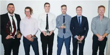  ??  ?? Reserves football award winners were, from left Jamie Somers (leading goal scorer, 38 goals), Toby Fruend (best team player), Lucas Monacella (most consistent), Ben Mackie (best first year player), Tim Brady (best and fairest), Scott McIntosh (coach),...