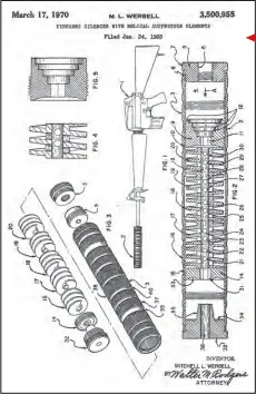  ??  ?? 1968年，SIONICS公司创­办者米切尔·韦贝尔首次申请的SI­ONICS消声器专利­图，专利号3500955。图中编号16、17、18、19、20的零件是消声器内­部安装的5个螺旋式火­药燃气挡板，消声器未设置消声碗和­泄压阀