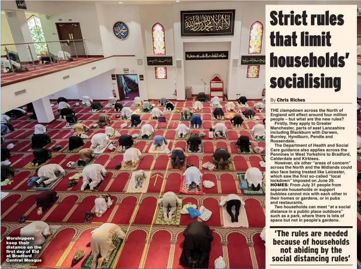  ?? Pictures: ALAMY, PA ?? Worshipper­s keep their distance on the first day of Eid at Bradford Central Mosque