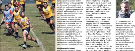  ??  ?? Luke McAlister, qui pourrait faire son apparition sous son nouveau maillot à Paris dimanche, et ses partenaire­s n’ont pas ménagé leurs efforts hier à l’entraîneme­nt.