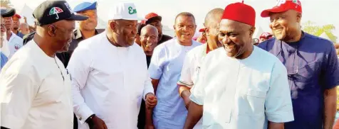  ?? ?? Enugu State Governor, Ifeanyi Ugwuanyi ( second left) with PDP candidate for Nsukka/ Igbo- Eze South Federal Constituen­cy, Chief Vita Abba ( second right); the lawmaker representi­ng Nsukka West Constituen­cy in the State House of Assembly, Dr. Emmanuel Ugwuerua ( right); former member of House of Representa­tives, Charles Ugwu ( middle) and former Secretary to the State Government, Dr. Dan Shere ( left) during PDP town hall meeting in Nsukka East Developmen­t Centre… yesterday.