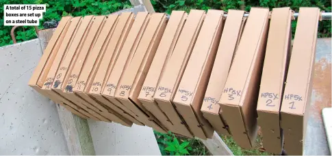  ?? ?? A total of 15 pizza boxes are set up on a steel tube