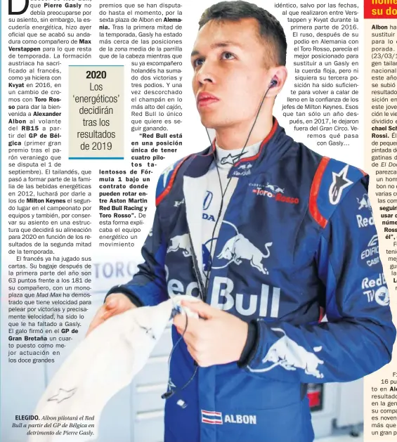  ??  ?? Verstappen Kvyat Toro Rosso
Albon
RB15
GP de Bélgica Milton Keynes GP de Max ELEGIDO. Albon pilotará el Red Bull a partir del GP de Bélgica en detrimento de Pierre Gasly. Alemania.
“Red Bull está en una posición única de tener cuatro pilotos talentosos de Fórmula 1 bajo un contrato donde pueden rotar entre Aston Martin
Red Bull Racing y
Toro Rosso”.