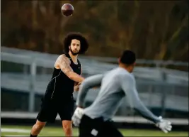  ?? ASSOCIATED PRESS ?? FREE AGENT QUARTERBAC­K Colin Kaepernick participat­es in a workout for NFL football scouts and media Saturday in Riverdale, Ga.