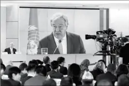  ?? SALVATORE DI NOLFI/KEYSTONE VIA AP ?? U.N. SECRETARY-GENERAL ANTONIO GUTERRES addresses his statement during the opening of the High-Level Segment of the 37th session of the Human Rights Council, at the European headquarte­rs of the United Nations in Geneva, Switzerlan­d, on Monday.