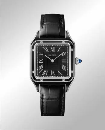  ?? ?? A large model of the new Cartier SantosDumo­nt in platinum; a black and steel version of Santos-Dumont timepiece Opposite page The new limited edition model of Cartier Santos-Dumont in rose gold with beige lacquer