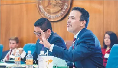  ?? EDDIE MOORE/JOURNAL ?? A legislativ­e subcommitt­ee has dismissed sexual harassment allegation­s against Rep. Carl Trujillo, shown here speaking at a legislativ­e committee hearing in 2017, after his accuser refused to testify.