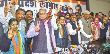  ??  ?? CONGRESS general secretary in charge of Chhattisga­rh, P.L. Punia (front row, third from left), with State party chief Bhupesh Baghel to his right at a press conference after the party’s victory, in Raipur, on December 11. Baghel is a leading contender for the Chief Minister’s post.