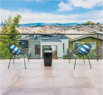  ??  ?? Top: The master suite has a seating area and boasts city and bay views. Left: Multiple terraces offer views of San Francisco. Below: This outdoor area offers both Trex and porcelain decking, as well as a built-in grill.