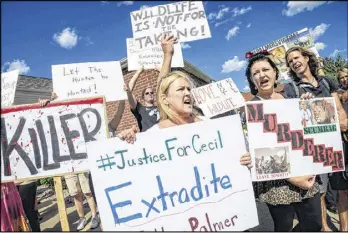  ?? GLEN STUBBE / STAR TRIBUNE ?? Kristen Hall leads a group of protesters in front of Dr. Walter Palmer’s dental practice Wednesday in Bloomingto­n, Minn. Palmer has been under fire since his involvemen­t in the death of Cecil the lion became public.