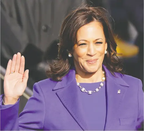  ?? ANDREW HARNIK / THE ASSOCIATED PRESS ?? Kamala Harris is sworn in as vice president of the United States during the presidenti­al inaugurati­on at the U.S.
Capitol in Washington on Wednesday. Harris is now the highest-ranking woman in American history.