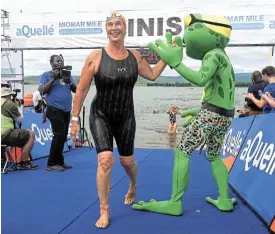  ?? /Action Photo SA ?? Still competitiv­e: Gail Bristow at the finish of her 49th Midmar Mile in 2023.