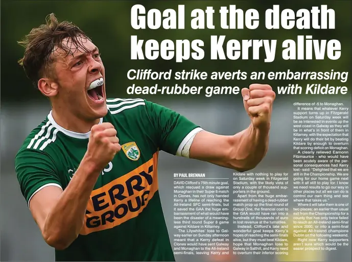  ??  ?? David Clifford’s 75th minute season saving goal is captured by Sportsfile photograph­ers in Clones. Main photo and top right: Clifford celebrates after scoring his second Kerry goal in a week; top left, Kieran Donaghy watches as Clifford’s shot flies...