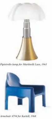  ??  ?? Pipistrell­o lamp for Martinelli Luce, 1965
Armchair 4794 for Kartell, 1968