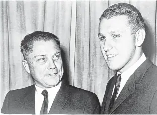  ?? WORLD TELEGRAM & SUN PHOTO BY JOHN BOTTEGA (WIKIMEDIA COMMONS) ?? James P. Hoffa with his father James R. Hoffa at testimonia­l dinner in 1965.