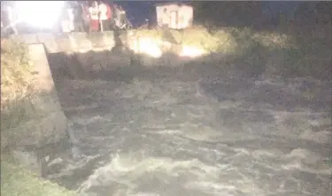  ??  ?? Water gushing inland from the Atlantic Ocean last evening after the sluice door at the De William, West Coast Demerara, Koker ws destroyed by the Atlantic current (Dhanash Ramroop photo)