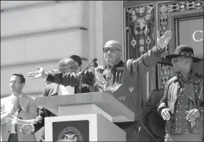  ?? AP/MARCIO JOSE SANCHEZ ?? Musician MC Hammer speaks at a rally Friday in San Francisco where he said, “Hate is dangerous.”