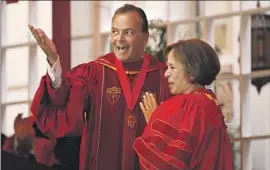  ?? Al Seib Los Angeles Times ?? USC PRESIDENT Carol Folt with Board of Trustees Chair Rick Caruso in 2019. Caruso played a pivotal role in hiring Folt, who has stayed neutral on the election.