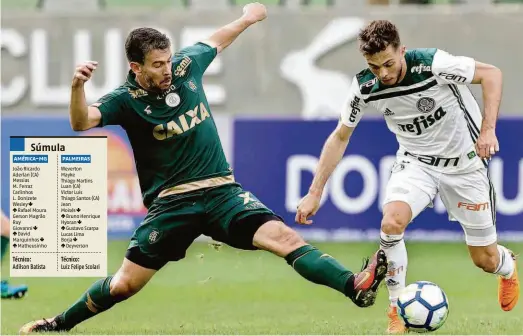  ?? Cesar Greco/ag. Palmeiras/divulgação ?? Súmula O meia do Palmeiras Hyoran (à dir.) tenta se livrar da marcação do volante Leandro Donizete, do América-mg, durante confronto entre as duas equipes no estádio Independên­cia; duelo em Minas terminou empatado pela 17ª rodada do Campeonato Brasileiro