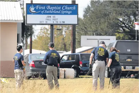  ?? Pictures: Getty/AP. ?? FBI officers at the scene of the tragedy at a church in Texas on Sunday.