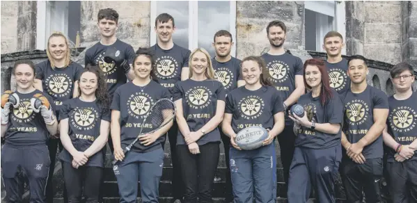  ??  ?? The athletes at Airthrey Castle on Stirling University campus. Back row (l to r): Alisha Rees, Sam Hickey, Scott Gibson, Aiden Moffat, Kevin Moran, Ross Connelly. Front Row: Vicky Glover, Ellie Russell, Georgia Adderley, Caitlin Mcclatchey (Trust chair), Evie Gallagher, Sarah Jane Ewing, Kelvin Cham, Cameron Radigan.