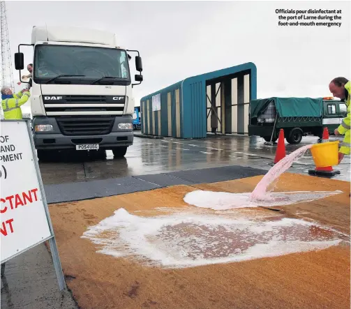  ??  ?? Officials pour disinfecta­nt at the port of Larne during the foot-and-mouth emergency