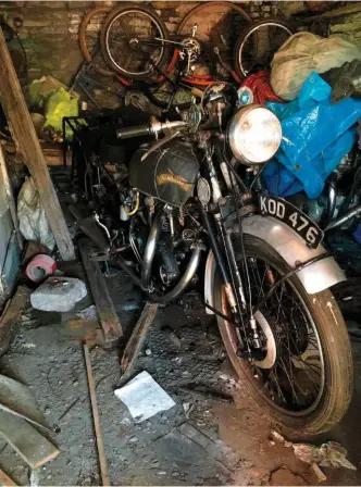  ??  ?? Above: Another extraordin­ary barn find, this time of a 1949 Vincent White Shadow Series C. It was eventually sold in 2017 for £163,900