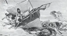  ?? HULTON ARCHIVE ?? Nearly frozen and suffering from starvation, members of the doomed Franklin Expedition were taken in by a group of Inuit hunters on King William Island after their ship became entrapped in ice.