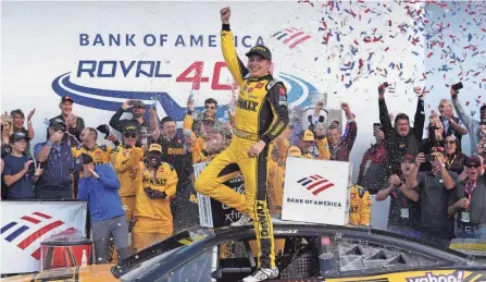  ?? JASEN VINLOVE/USA TODAY SPORTS ?? Christophe­r Bell celebrates Sunday after winning the ROVAL 400 at Charlotte Motor Speedway.