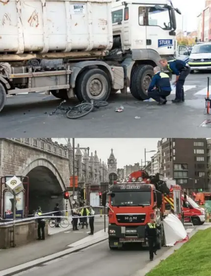  ?? FOTO'S BFM, RR ?? Twee beelden van vorige week van dodelijke ongevallen met fietsers in Antwerpen.