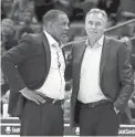  ??  ?? Pelicans coach Alvin Gentry, left, and Rockets coach Mike D’Antoni talk after a 2019 game.