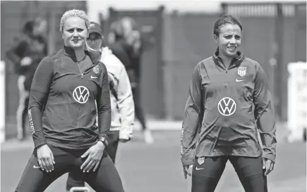  ?? MICHAEL CHOW/USA TODAY SPORTS ?? Midfielder Lindsey Horan, left, and forward Mallory Pugh, stretching during the USA’s training Saturday at the Women’s World Cup, both opted to turn pro rather than play in college after high school.
